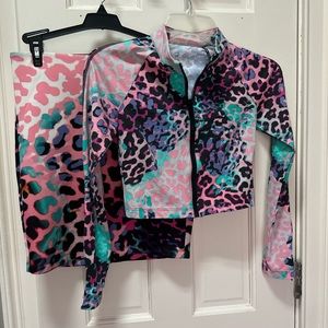 Bebe Multicolor leopard print Crop Top Jacket and Skirt Sz XS